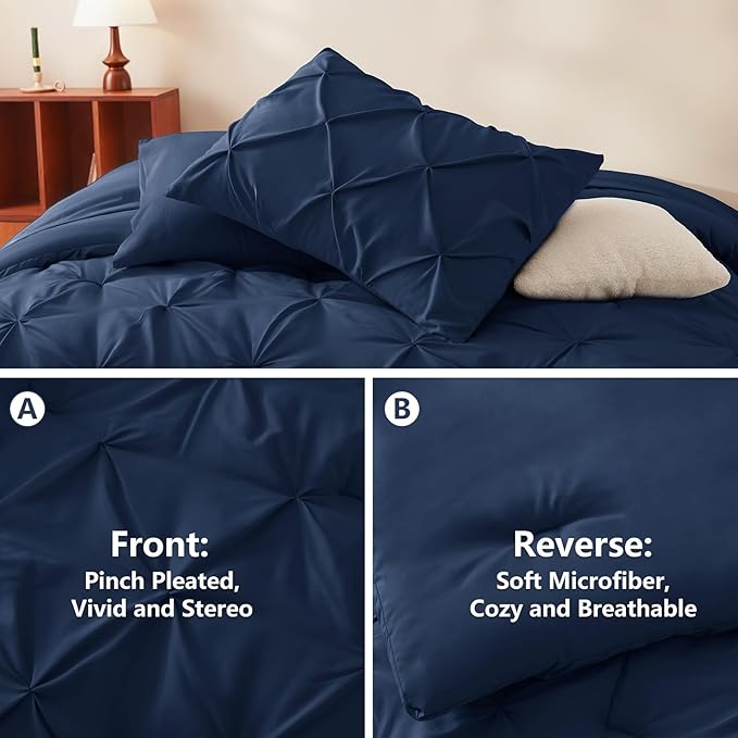 CozyLux Queen Comforter Set Navy Blue, 7 Pieces Pintuck Bed in A Bag, Premium Blue Comforter Queen Size, Pinch Pleat Bedding Sets with Comforter, Sheets, Pillowcases & Shams