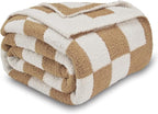 CozeCube Super Soft Fullfy Microfiber Reversible Knitted Blankets, Warm Cozy Fuzzy Plush Throw, Beige and White Checkered Throw Blanket for Couch Bed Sofa, 50" x 60"