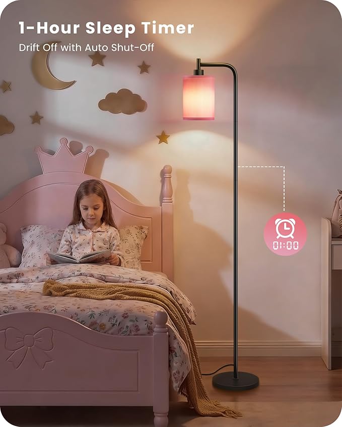 Dimmable Floor Lamp for Living Room with Remote and Foot Switch, Modern Standing, Corner Lamp,10W Bulb 3 Color Temperatures, for Bedroom, Office, Corner, ETL Listed, Black and Pink P19LD05