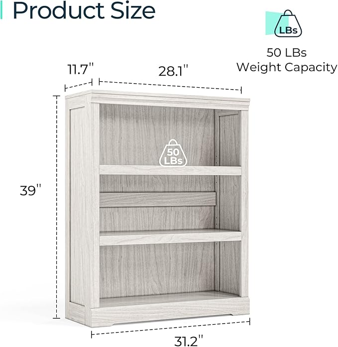LINSY HOME 3-Tier Bookcase, Small Bookshelf Wood Display Storage Shelves Farmhouse Bookshelf for Home Office, Living Room, Bed Room - White Oak
