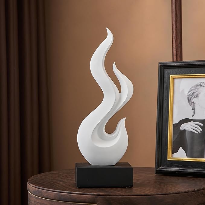 Modern Abstract Art Table Decoration, Gold Decor Flame Statue for Living Room Home, Black Shelf Decor Accents, Abstract Art Resin Sculpture for Dining Room, Office & Coffee Table Centerpiece (White)