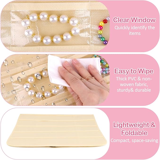 Hanging Jewelry Organizer for Closet with Swiveling Hanger, 17 x 30 In, 80 Clear Pockets Jewelry Organizer Hanging for Jewelries, Earrings, Accessories (Beige) (3, Beige)