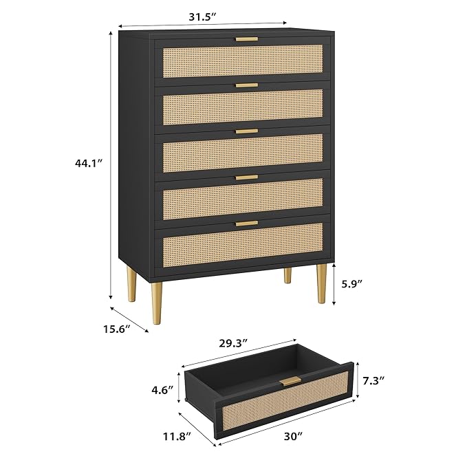 GarveeHome Rattan 5 Drawer Dresser, Modern Chest of Drawers with Gold Legs and Gold Handles, Tall Dresser with Large Tabletop and Anti-Tipping Design for Bedroom Living Room, Black