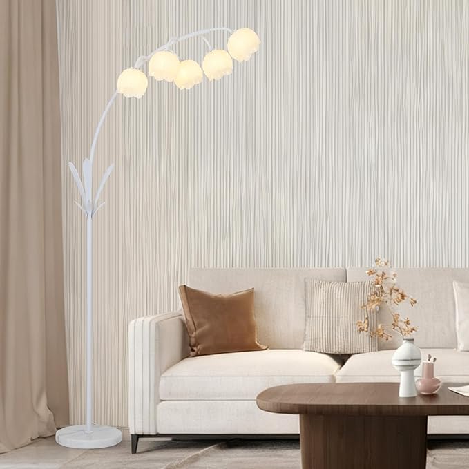HMVPL White Floral Floor Lamp, Cute Flower Standing Lamp for Bedroom, Modern Tall Lamp with 5 G9 LED Bulbs, Foot Switch, Acrylic Shade, Curved Floor Lamp for Living Room Corner Bedside Kids Home Decor
