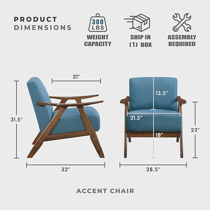 Lexicon Mid Century Modern Accent Chair with Solid Wood Frame in Walnut Finish, Upholstered Living Room Lounge Arm Chair, Thick and Comfy Innerspring Seat Cushion, Linen-Look Fabric, Blue