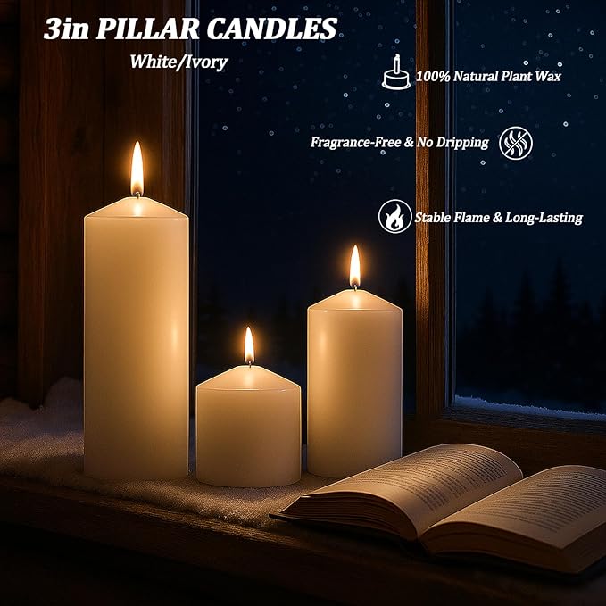 12 Pack Ivory Pillar Candles Bulk Set, 3x3 3x6 3x8 Inch - 4 Each Size, Dripless Smokeless Clean Burning for Wedding Centerpieces, Home Decor, Church, Romantic Ambiance！