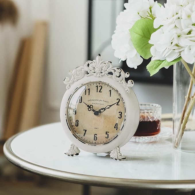 NIKKY HOME Small Vintage Table Clock, Decorative Shelf Desk Top Clock Battery Operated Round French Design, Farmhouse Home Decor for Bathroom, Tabletop, Desktop, Countertop, Rustic Beige