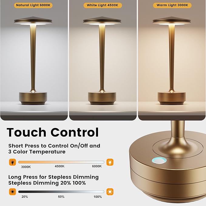 Cordless Table Lamp Rechargeable,6000mAh Battery Operated LED Desk Lamp 3 Color Stepless Touch Dimming,Waterproof Portable Memory Function Light for Bedroom,Outdoor,Patio,Dining,Restaurant Bronze