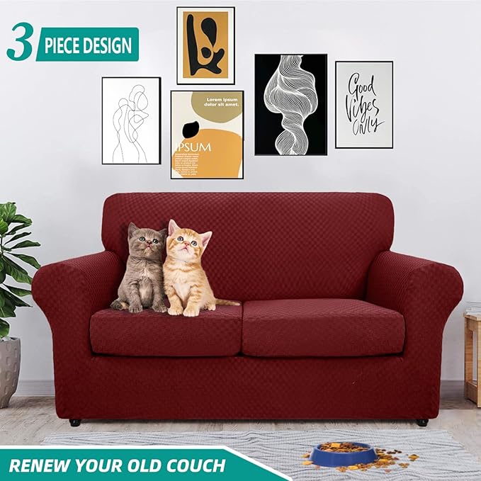 YEMYHOM Latest Checkered 3 Pieces Couch Covers for 2 Cushion Couch High Stretch Thickened Love Seat Sofa Cover for Dogs Pets Anti Slip Elastic Loveseat Slipcover (Wine Red), 55"-69"(2 Cushions)
