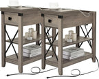 Narrow End Table with Charging Station - Farmhouse Slim Side Table Set of 2, w/USB Ports Power Outlets, Nightstand w/Flip Top Storage Drawer, for Small Spaces Living Room Bedroom, Gray