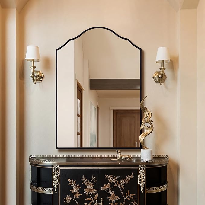 Black Arched Mirror for Bathroom, 36"x24" Bedside Mirrors for Wall with Modern Antique Metal Frame, Large Scalloped Entryway Decor