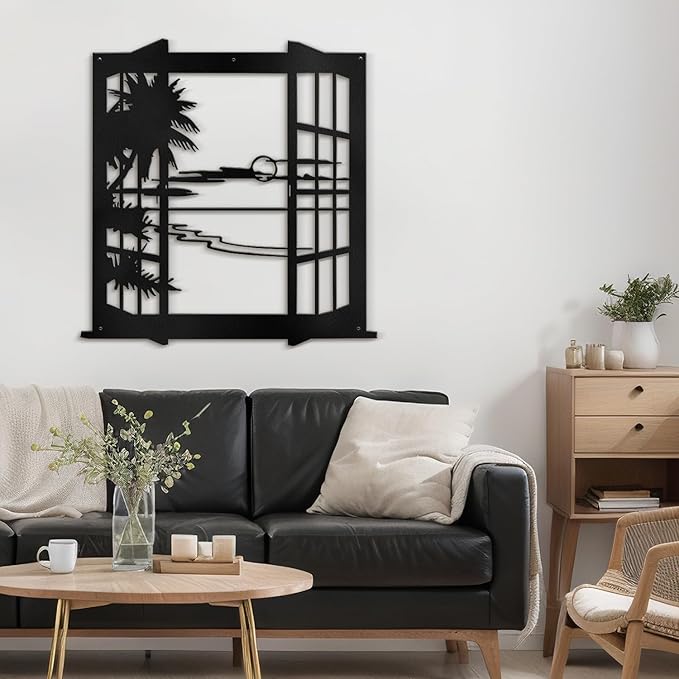 SIGNLEADER Metal Wall Art Decor Tropical Sunset Scenery Modern Abstract Wall Sculpture Hangings Home Decoration for Living Room, Bedroom, Bathroom, Kitchen, Outdoor - 18" Black