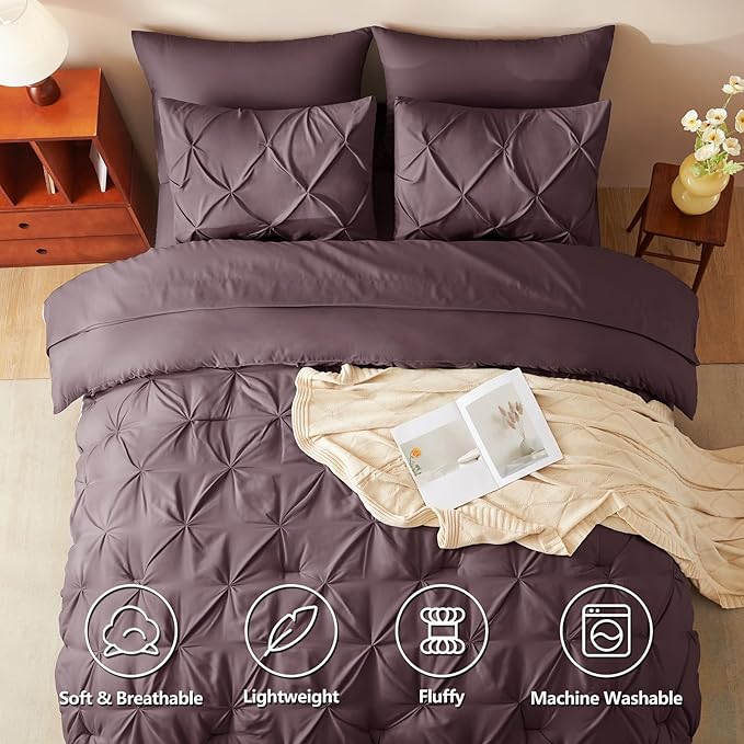 CozyLux King Size Comforter Set Cocoa Powder, 7 Pieces Pintuck Bed in A Bag Cocoa Powder Comforter King Size, Pinch Pleat Bedding Set with All Season Comforter, Sheets, Pillowcases & Shams