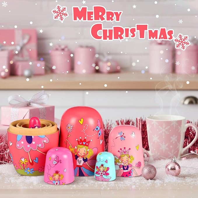 Gejoy Russian Nesting Dolls for Kids Handmade Matryoshka Wooden Stacking Toys Nesting Dolls Collectible Gifts for Winter Christmas Holiday Present Boys Girls Adults Home Decor(Flower Fairy)