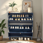 Shoe Storage Cabinet for Entryway with 2 Flip Drawers, Narrow Wood Shoe Cabinet with Fluted Panel, Freestanding Hidden Shoe Organizer for Foyer, Hallway (Blue - with Shelf)
