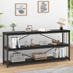 IBF 63" Black Low Horizontal Bookcase, Modern Long Wood Metal 3 Tier Book Shelf, Farmhouse Vintage Big Open Sturdy Bookshelf, Simple Large Wide Etagere for Home Living Room Office Bedroom, Black Oak