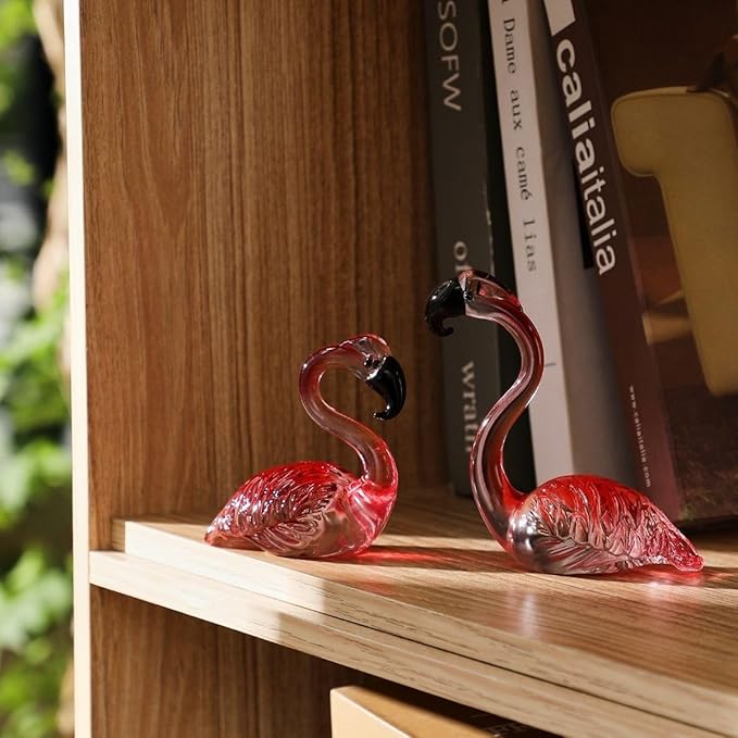 Hand Blown Glass Couple Flamingo Figurine Love Statue Pink Flamingo Decoration Ornament Handcraft Animal Collectible Home Decor Valentine's Day Gift for Her