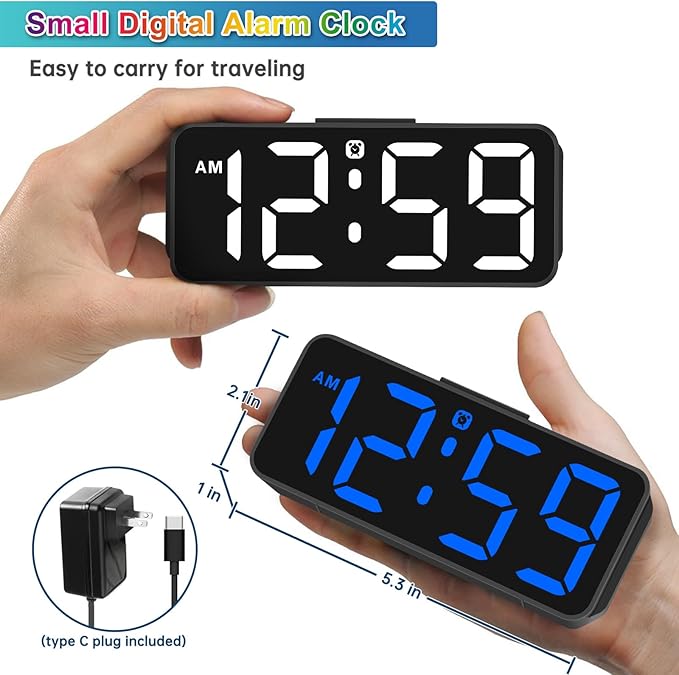 Peakeep Small Tiny Digital Alarm Clock Plug in for Kids Bedroom Bedside Nightstand, RGB Colorful Changing Large Display for Travel, Dimmable 6 Brightness, Corded Electric Battery Backup (Black - RGB)