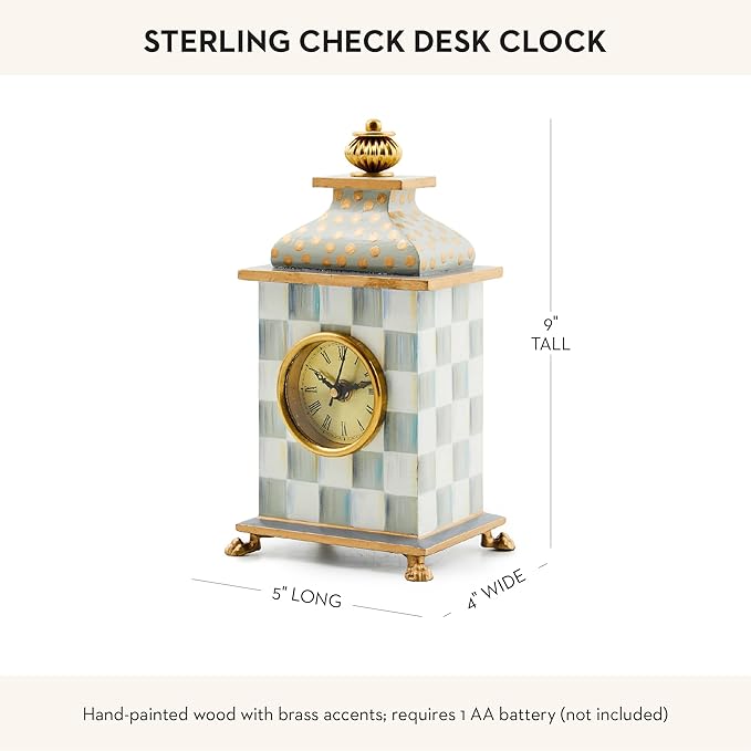 MACKENZIE-CHILDS Desk Clock, Decorative Living Room, Bedroom, or Office Desk Clock, Gray-and-White Sterling Check
