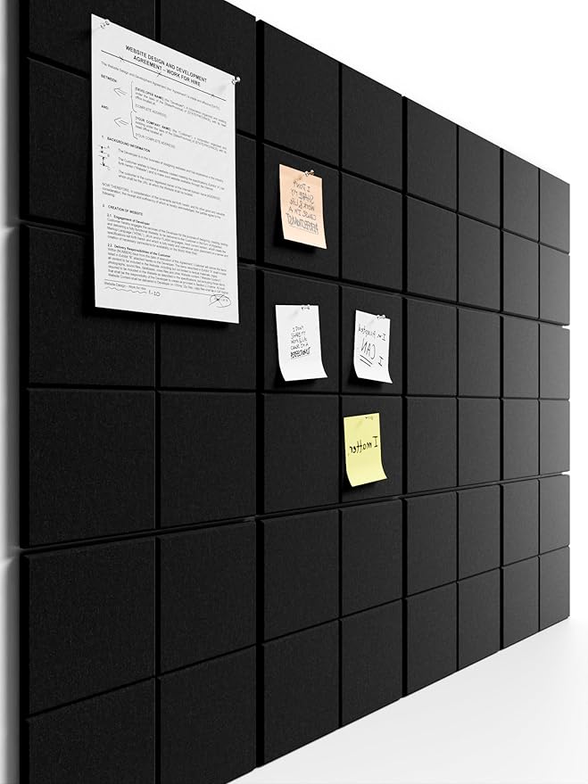 Bumusty Large Felt Bulletin Board, 48" x 36" Cork Board Alternative, 12-Pack Wall Tiles with 4-Compartment Design, 30 Push Pins, 70 Adhesive Tabs, Ideal for Office & Home Decor, Black