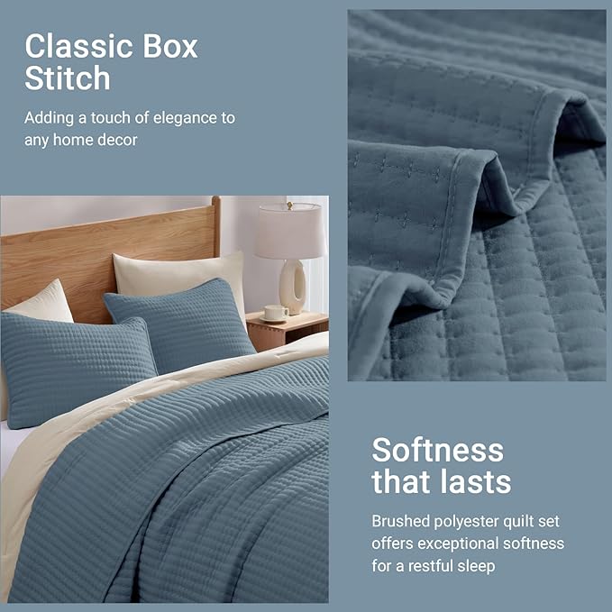 WRENSONGE King Size Quilt-3 Pieces Lightweight Bedspreads Oxford Blue King Quilt Bedding Set for All Seasons, Soft Summer Coverlet with 2 Pillow Shams Suitable for Bed, Couch, Quilt Blanket
