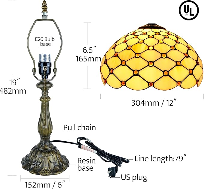 Tiffany Lamp Vintage White Cream Stained Glass Bead Table Lamp Desk Bedside Reading Light Decor Bedroom Living Room Home Office D12*H18 Inches