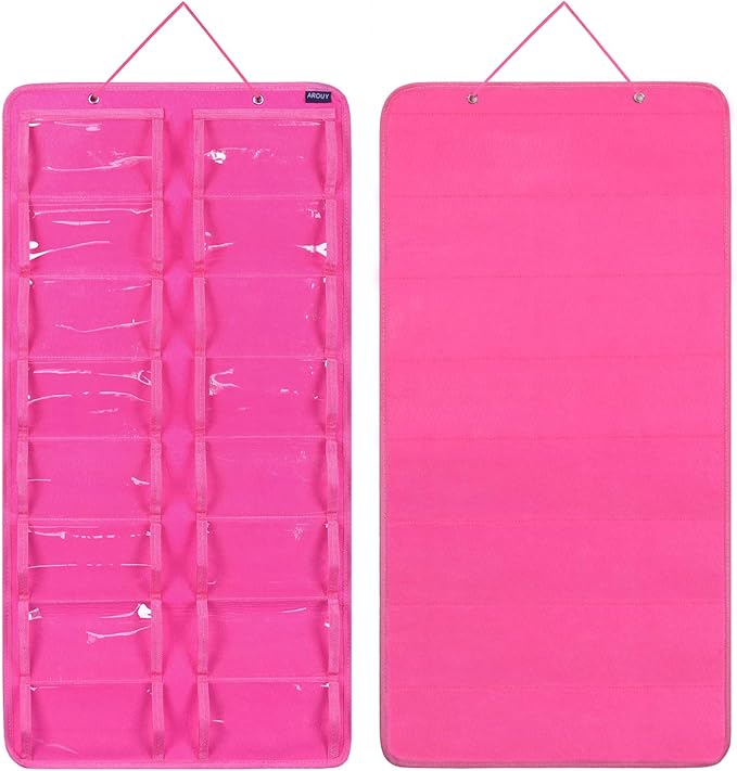 AROUY Sunglasses Organizer Storage, Hanging Dust Proof Wall Pocket Glasses Organizer - 16 Felt Slots Sunglass Organizer Holder with Metal Hook and Sturdy Rope (Dust Proof, Rose)
