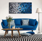 Textured Abstract Squares Canvas Wall Art Modern Dark Blue and Silver Oil Painting 100% Hand Painted 3D Effect Artwork Frame Ready to Hang Decor for Home and Office 40x20inch