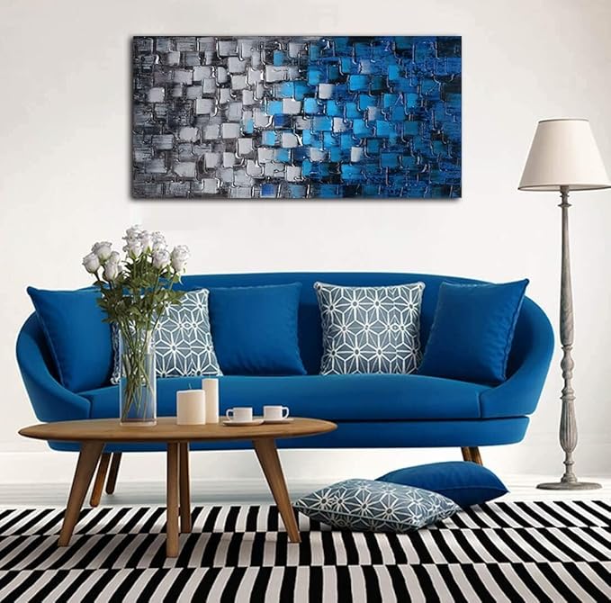 Textured Abstract Squares Canvas Wall Art Modern Dark Blue and Silver Oil Painting 100% Hand Painted 3D Effect Artwork Frame Ready to Hang Decor for Home and Office 40x20inch
