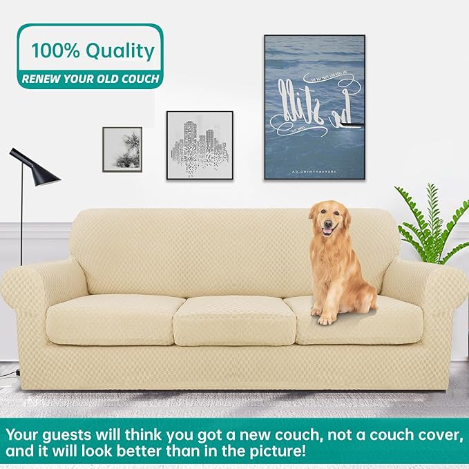 YEMYHOM Latest Checkered 4 Pieces Couch Covers for 3 Cushion Couch Extra Large High Stretch Thickened Sofa Cover for Dogs Pets Furniture Protector Sofa Slipcovers (Beige), 91"-110"(3 Cushions)