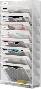 10 Tier Hanging Wall File Holder, Metal A4 Wall Mounted Document Holder, Vertical Hanging Mail Organizer, Magazine Storage Rack with Tray for Office Home Classroom, White