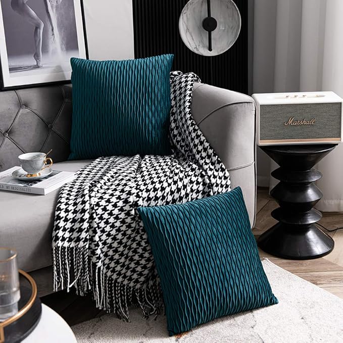 20x20 Teal Throw Pillow Cases: 2 Pack Original Striped Velvet Square Decorative Pillow Covers for Farmhouse Couch