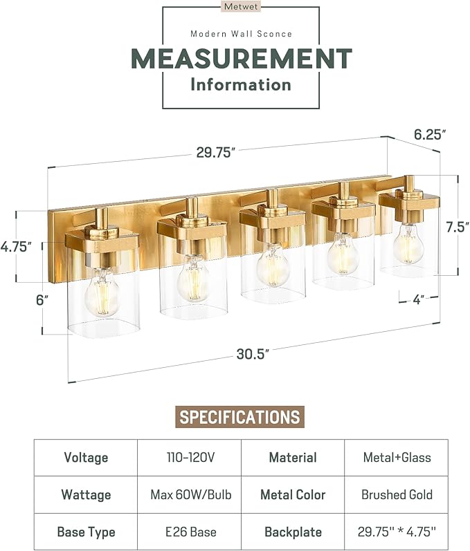 Bathroom Light Fixtures, 30" Brushed Gold Vanity Light, 5-Light Modern Wall Sconces with Square Clear Glass Shade, Vanity Lighting Fixtures Over Mirror, VL194-BG-5