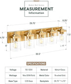 Bathroom Light Fixtures, 30" Brushed Gold Vanity Light, 5-Light Modern Wall Sconces with Square Clear Glass Shade, Vanity Lighting Fixtures Over Mirror, VL194-BG-5