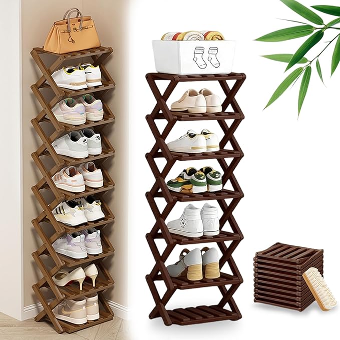 DDRIC 9-Tier No-Assembly Bamboo Rack, 2026 Upgraded Foldable Corner Shoe Rack, Space-Saving Organizer for Shoes, No-Tool Narrow Shelf for Entryway Closet Dorm (Brown,7-Tier)