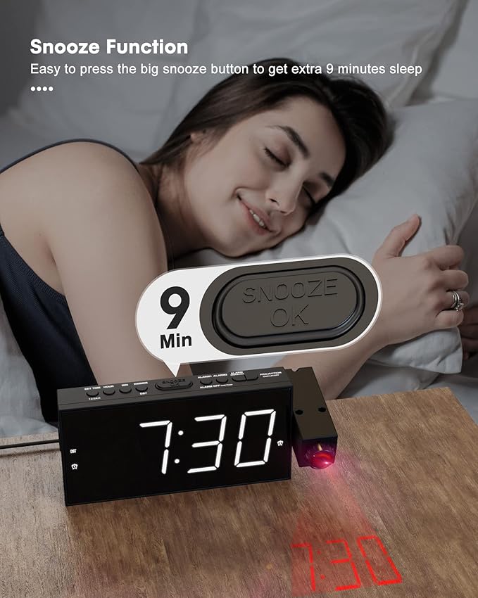 Projection Alarm Clock on Ceiling,Digital Clock for Bedroom with Battery Backup,7”Large Display,USB Charger,Dimmer,180° Rotatable Projector,12/24H,Snooze,DST,Loud Alarm Clock for Kids,Adults,Elders