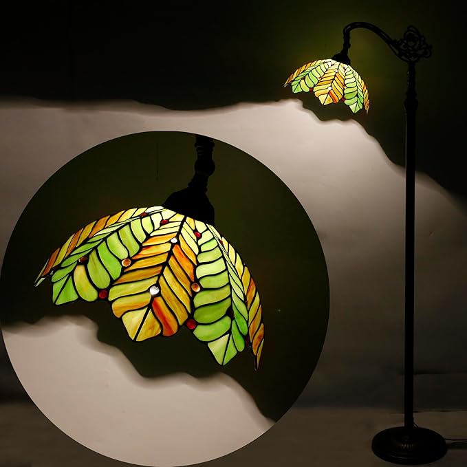 Tiffany Floor Lamp Stained Glass Lamp 18.88X12X67 Inch Angle Adjustable Arched Gooseneck Antique Reading Light (Amber Green Beach Coconut Tree)