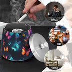 Butterflies Colorful Black Ashtray with Lid, Outdoor Ashtrays for Patio, Stainless Steel Ashtray Odorless Smokeless for Home Office Balcony