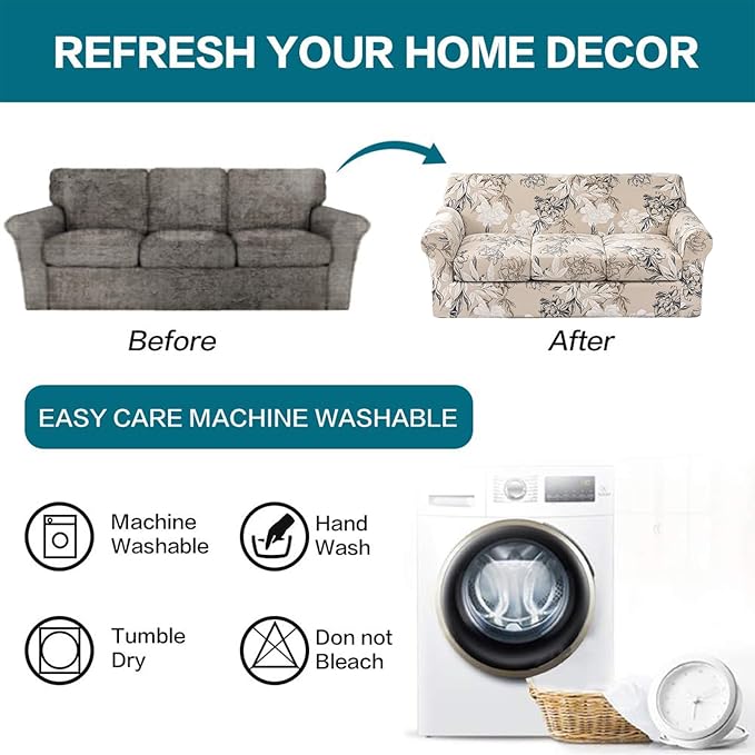 KRFOONN 4 Piece Stretch Sofa Couch Covers for 3 Cushion Couches Printed Sofa Slipcover with 3 Separate Seat Cushion Covers Washable Sofa Slip Covers Furniture Protector for Pets Kids (Large, 26)