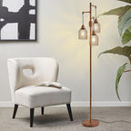 Dimmable Floor Lamp for Living Room, Farmhouse Floor Lamps with Elegant Hanging Cage, 3 x LED Edison Bulbs Included, 68.5" Industrial Standing Light for Bedroom Office Home Decor (Wood)