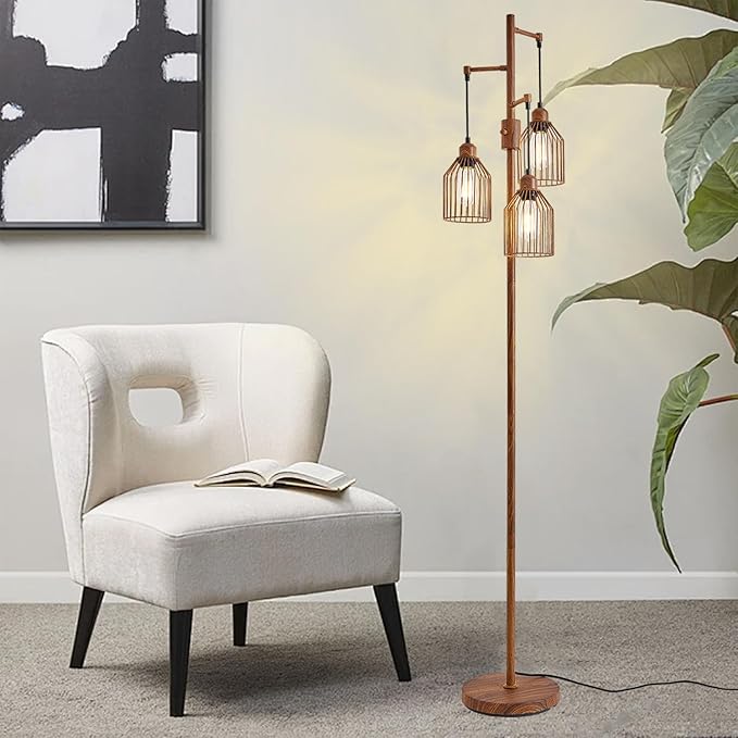 Dimmable Floor Lamp for Living Room, Farmhouse Floor Lamps with Elegant Hanging Cage, 3 x LED Edison Bulbs Included, 68.5" Industrial Standing Light for Bedroom Office Home Decor (Wood)