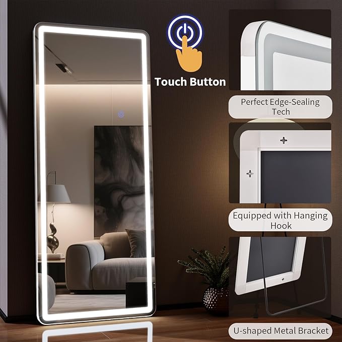 76"x34" LED Full Length Mirror – Standing Floor Mirror with Dimmable Lights 3 Color Modes – Adjustable Brightness, Wall-Mount or Lean for Barber, Fitness Center, Dressing Room, Vanity