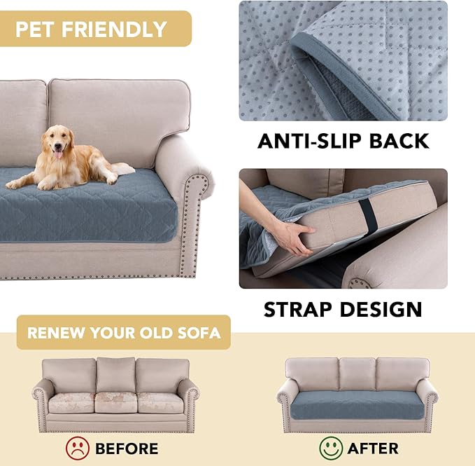 H.VERSAILTEX Couch Cover Chenille Pet Fuzzy Sofa Covers for 3 Cushion Couch Anti Slip Washable Sofa Slipcovers with Strap Soft Couch Protector Cover for Dogs Cats Kids(36" x 74", Stone Blue)