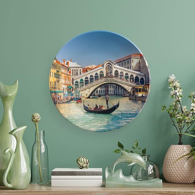 10 Inch Decorative Plate, Venice Dinner Plate, Cityscape on a Sunny Day with Rialto Bridge Print Ornament Display Plate for Fine Dining, Upscale Events, Dinner Parties, Weddings, Catering Christmas