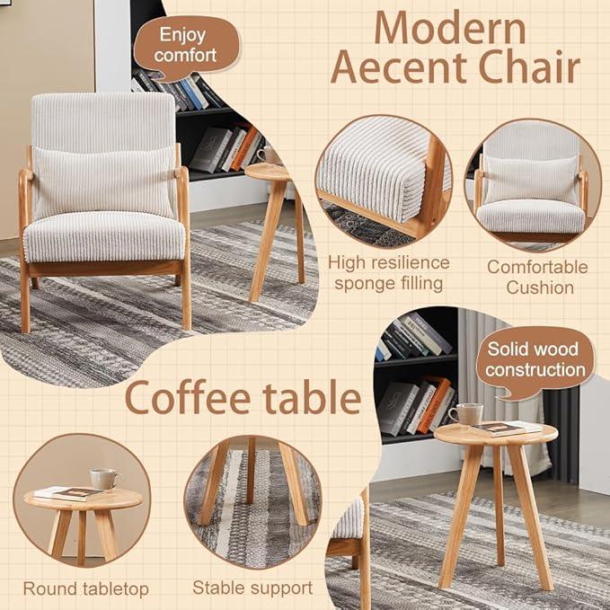 KEIKI Mid-Century Modern Upholstered Accent Chair with Side Table, Reading Chair Set