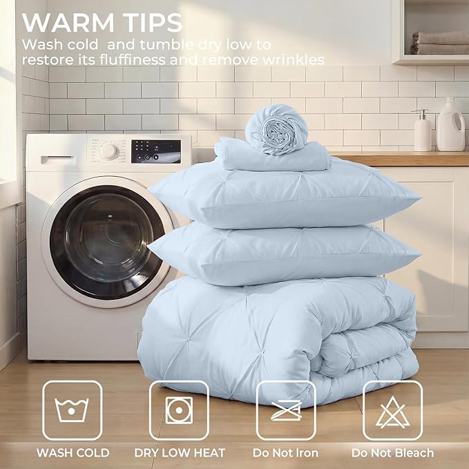 Sasttie Twin XL Comforter Set, 5-Piece Bed in a Bag, Pintuck Bedding Sets for All Season, Includes Comforter, Flat Sheet, Fitted Sheet, Pillowcase and Pillowsham, Light Blue