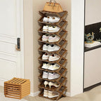 The 9-Tier No-Assembly Bamboo Rack(Foldable Storage), Bamboo Shoe Storage Rack, Space-Saving, Holds 14+ Pairs, Unfolds in 10 Sec (Brown, 8 Tier)