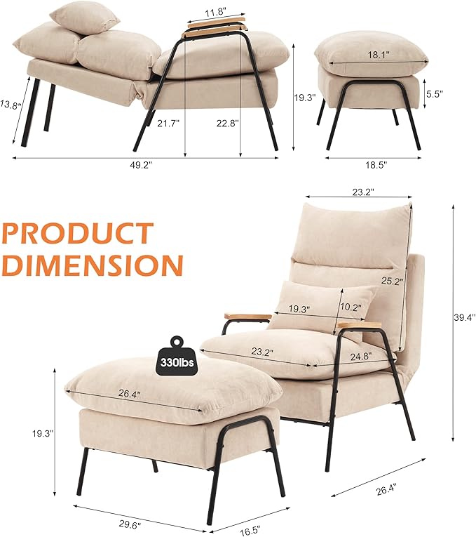 MCombo Accent Recliner Chair with Ottoman, Modern Fabric Armchair, Upholstered Sofa Bed for Living Room Bedroom, Small Space 4055 (Black Frame, Beige)