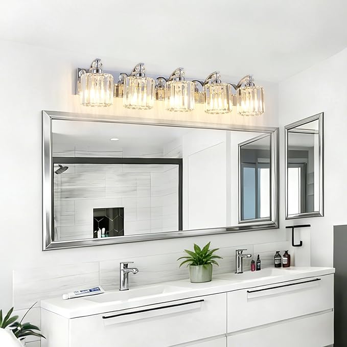 5-Light Modern Bathroom Light Fixture Chrome Vanity Lights Over Mirror Wall Sconce Lighting with K9 Crystal Shades Bathroom Wall Lamp E26 Base for Bedroom, Living Room, Hallway