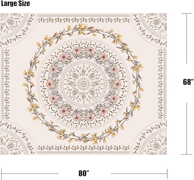 Lifeel White Pink Bohemian Tapestry Wall Hanging, Mandala Floral Medallion Hippie Tapestry with Light Brown Aesthetic Wreath Design, Cream Wall Decor Blanket for Bedroom Home Dorm, Large 68×80 inches